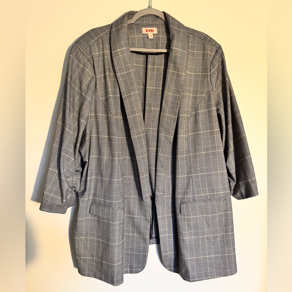 EVRI Plaid Open Front Blazer w/Ruched Sleeves -Women's Plus Size 4X -Houndstooth